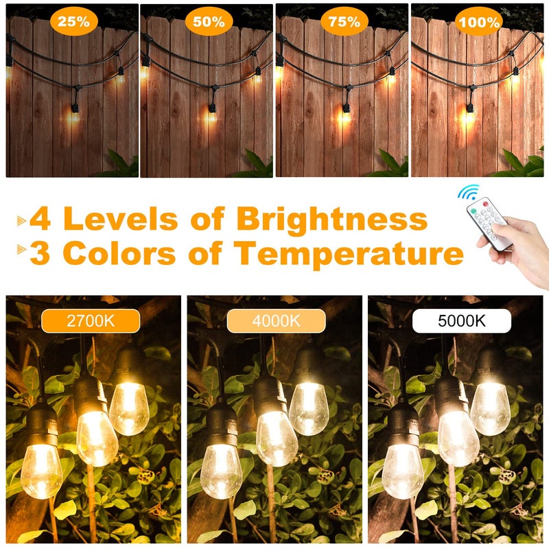 Mlambert 3-Color in 1 Solar String Lights Outdoor Waterproof Dimmable, 48ft Remote LED Patio Lights,15 Hanging Sockets Shatterproof Light for Backyard - Image 2